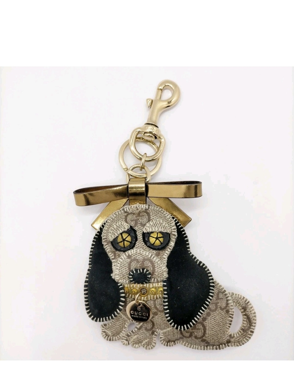 Gucci Gold & Beige Dog Keychain Charm